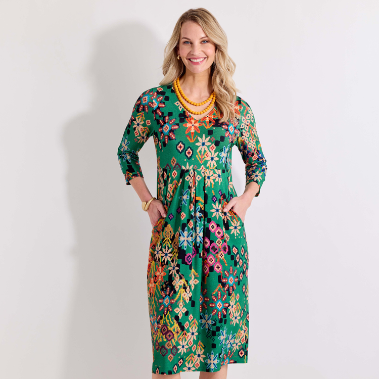 Farbenfrohes Jerseykleid mit V-Ausschnitt