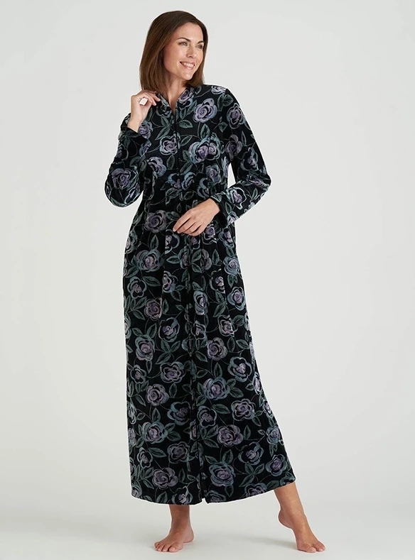 Robe d’hôtesse velours fleurie et zippée
