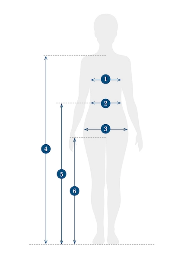 Diagram showing where to measure the bust, waist, hips and garment length